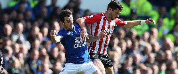 Everton's Leighton Baines and Southampton's Shane Long