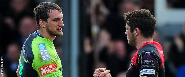 Blues' Sam Warburton shakes hands with his opposite number James Benjamin after the final whistle