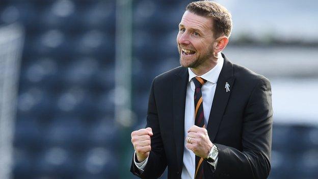 Motherwell Manager Ian Baraclough celebrates at full time