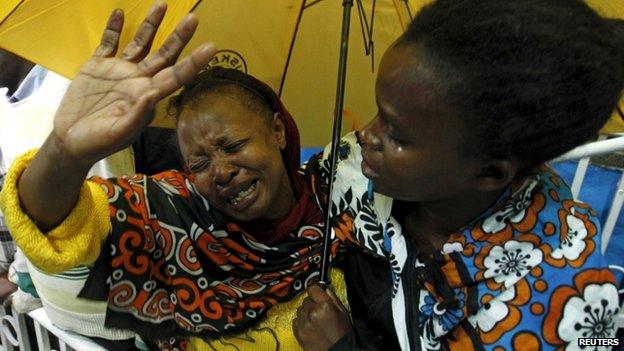 A woman reacts after seeing her son who was rescued from the Garissa University attack in Kenya"s capital Nairobi 4 April 2015