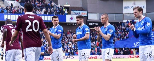 Rangers players applaud Hearts on to the pitch