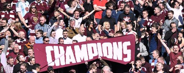 Hearts fans sport a "champions" banner at Ibrox