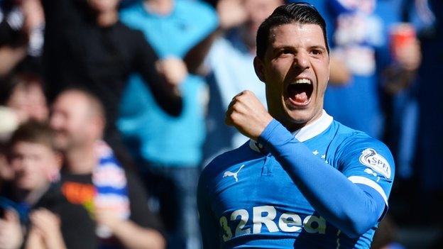 Haris Vuckic celebrates his goal for Rangers