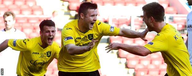 Callum Fordyce (centre) celebrates after making it 2-0