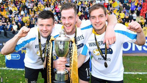 Livingston trio Callum Fordyce (left), Jordan White (centre) and Scott Pittman celebrate after winning the Petrofac Challenge Cup