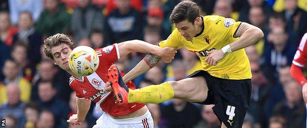 Middlesbrough's Patrick Bamford and Watford's Gabriele Angella