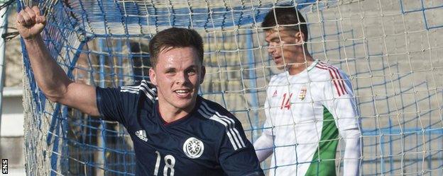 Lawrence Shankland celebrates scoring for Scotland Under-21s in Hungary