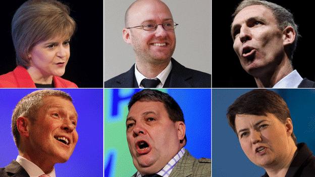 Clockwise from left: Nicola Sturgeon, Patrick Harvie, Jim Murphy, Willie Rennie, David Coburn, Ruth Davidson