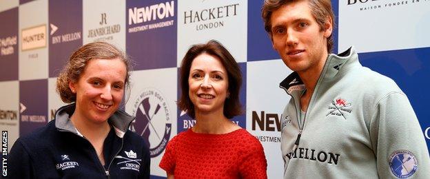 Helena Morrissey poses with Anastasia Chitty of Oxford and Henry Hoffstot of Cambridge