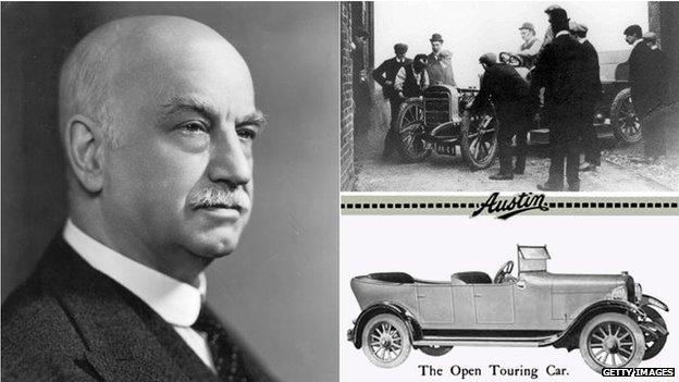 Sir Herbert Austin, First Baron Austin of Longbridge, his first car (top right). His popular touring car (bottom left) featured at the Olympia Motor Show in 1919