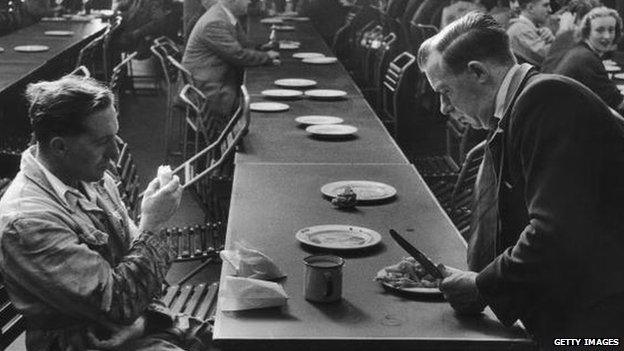 Workers in the Austin Motor Works canteen at Longbridge, Birmingham