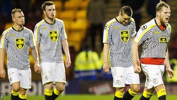 St Mirren captain Marc McAusland (right) shows his frustration