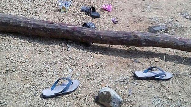 Red sandalwood logs strewn around at the location of Tuesday's fighting between suspected smugglers and the police in Andhra Pradesh