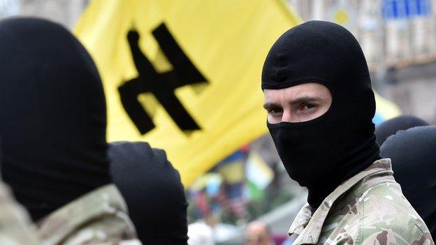 Fighters of Social Nationalist Assembly (SNA), part of nationalist Right Sector party - file pic