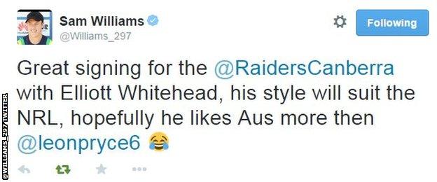 Sam Williams' tweet about the deal