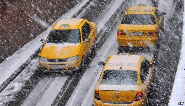 Taxis in the snow in Istanbul