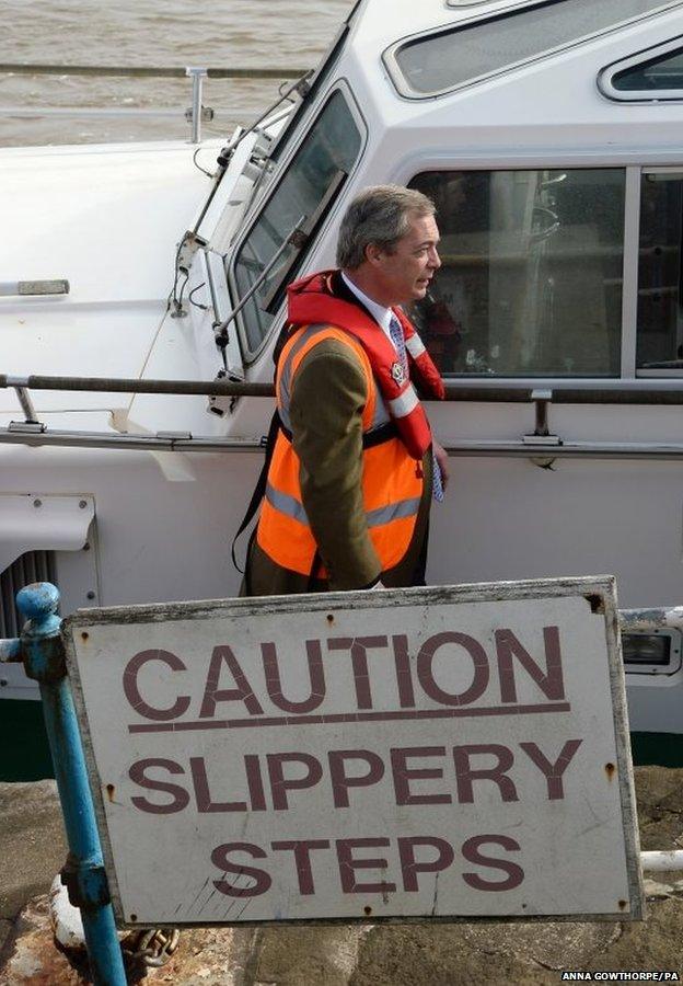 UKIP party leader Nigel Farage takes a boat trip from the harbour while on the campaign trail in Grimsby