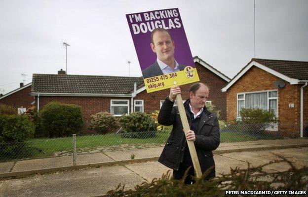 UKIP candidate Douglas Carswell installs a placard in the garden of a supporter in Clacton-on-Sea, England