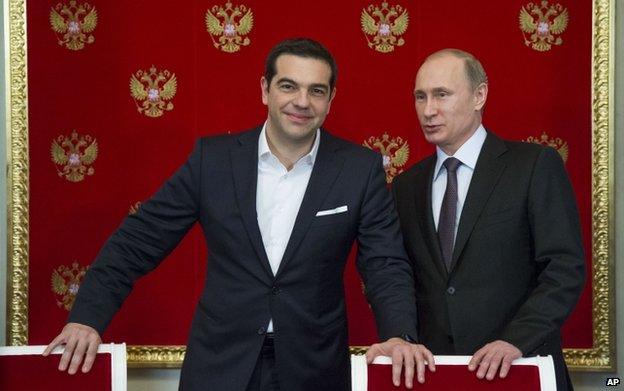 Russian President Vladimir Putin, right, and Greek Prime Minister Alexis Tsipras in Moscow on 8 April 2015