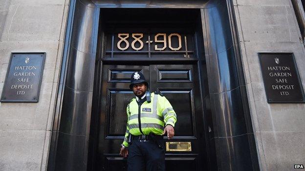 POliceman outside Hatton Garden Safe Deposit Ltd.