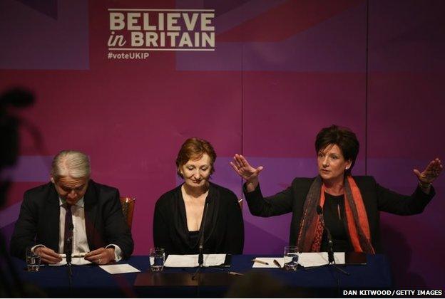 UKIP Deputy Chairman Suzanne Evans (centre) Diane James, (right) UKIP Councillor and Patrick O,Flynn, UKIP candidate in Cambridge take part in a press conference in London, England