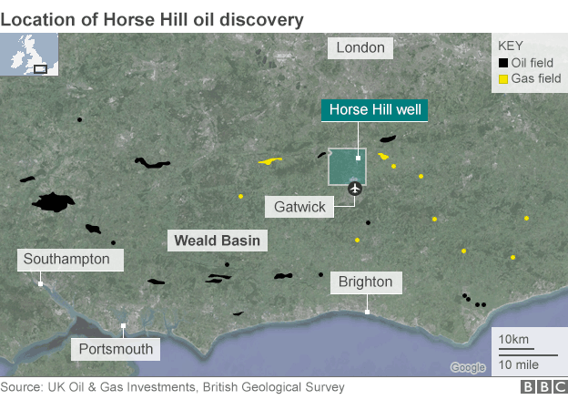 Map showing the latest oil find in southern England