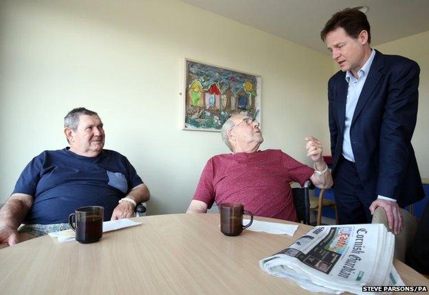 Leader of the Liberal Democrats Nick Clegg meets patients and staff at Bodmin Community Hospital in Cornwall