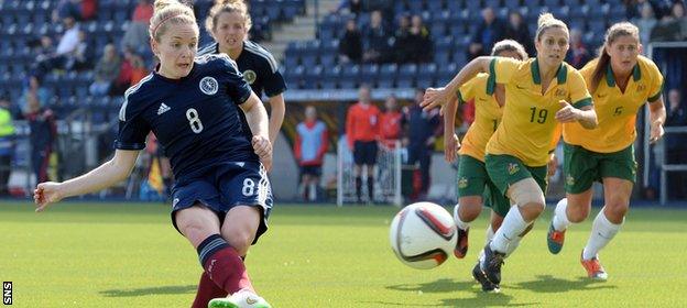 Scotland's Kim Little fires a penalty that was saved by Brianna Davey