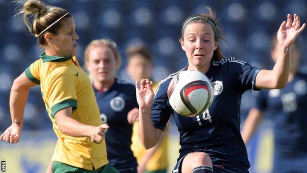 Scotland's Rachel Corsie (right) is closed down by Australia's Katrina Gorry in Thursday's 1-1 draw