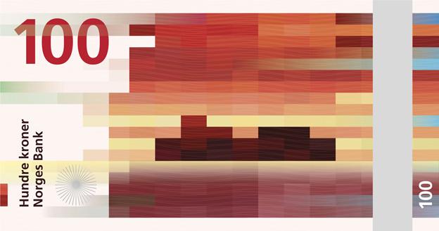 Proposed design of a new Norwegian note showing red pixelated illustration