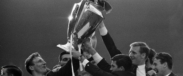 The Celtic players celebrate with the European Cup in 1967