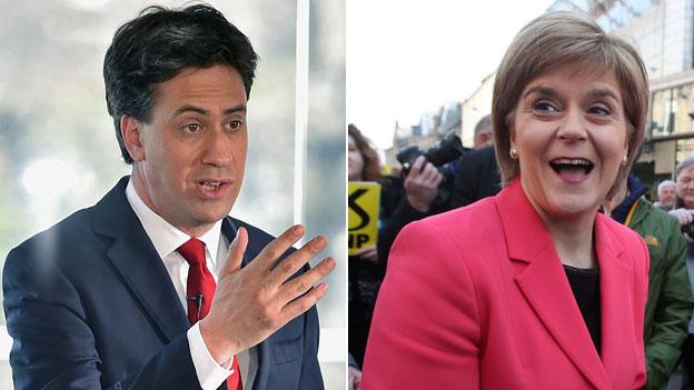 Composite image showing Ed Miliband and Nicola Sturgeon