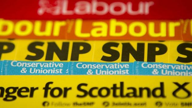 Labour, SNP and Conservative campaign materials