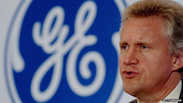 GE Chairman Jeff Immelt in front of GE logo