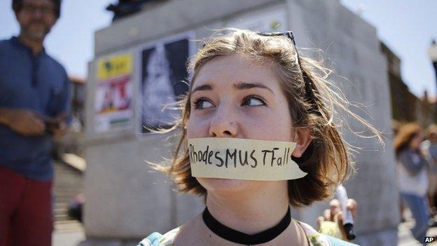 A student at the Cape Town university takes part in a protest against a statue of British colonialist Cecil John Rhodes, 20 March, 2015