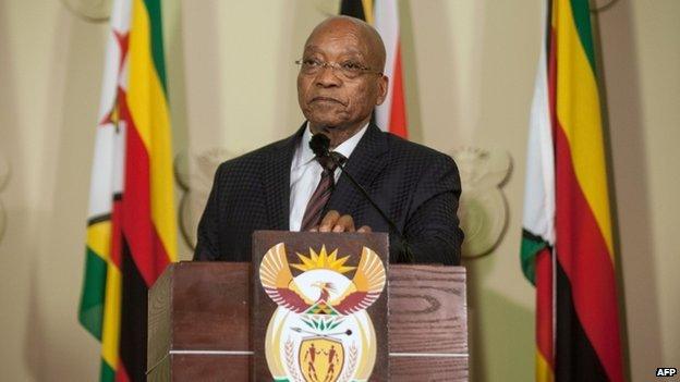 South Africa's President Jacob Zuma delivers a speech along in Pretoria on 8 April , 2015