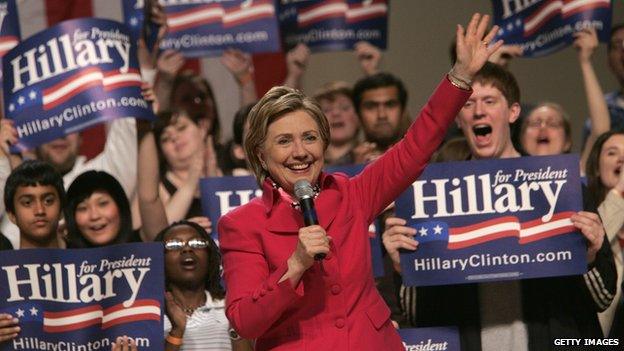 Hillary Clinton campaigns for president in 2008.