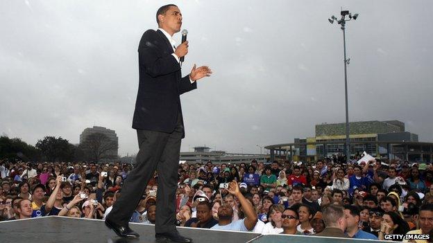 Barack Obama speaks to an estimated crowd of 20,000 in Austin, Texas.