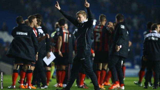 Bournemouth manager Eddie Howe salutes the fans after the 2-0 win at Brighton