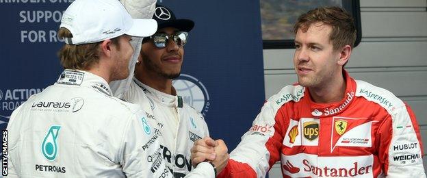 Nico Rosberg, Sebastian Vettel and Lewis Hamilton