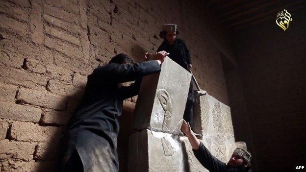 Still from IS video, reportedly showing destruction at the ancient site of Nimrud