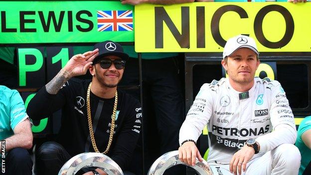 Mercedes team-mates Lewis Hamilton (left) and Nico Rosberg