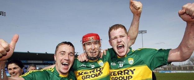 Paud Costello, Patrick Kelly and Michael O'Leary celebrate after Kerry's win over Antrim