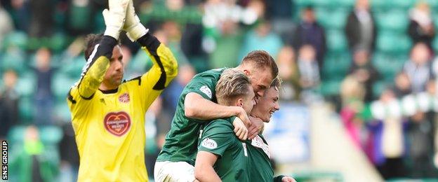 Hearts goalkeeper Neil Alexander applauds the visiting fans at full-time