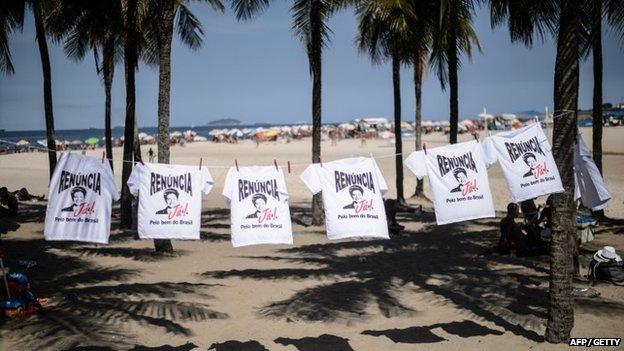 T-shirts reading "Resign now! for the sake of Brazil" during a protest against the government of Brazilian President Dilma Rousseff at Copacabana beach in Rio de Janeiro, Brazil on 12 April 2015.