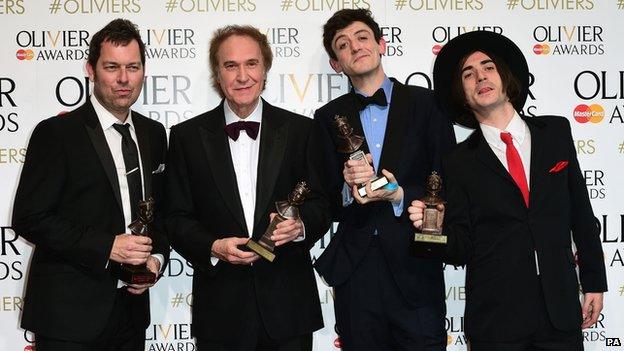 Sunny delight: (left to right) Joe Penhall, Ray Davies, John Dagleish and George Maguire celebrate the success of the Kinks musical