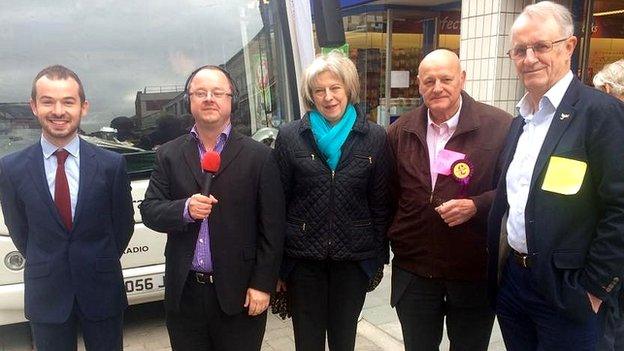 Charles Smith (Lab), radio presenter Andrew Peach Theresa May (Cons), Herbie Crossman (UKIP) and Tony Hill (Lib Dem)