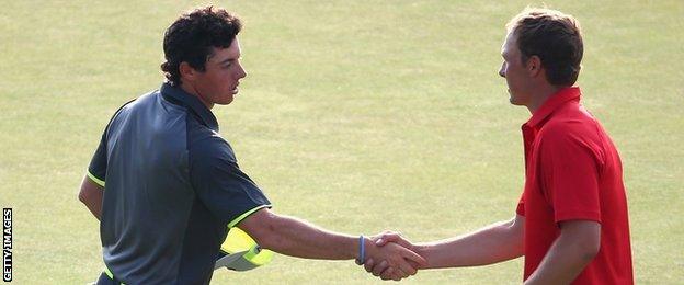 Rory McIlroy and Jordan Spieth at the 2014 Open Championship