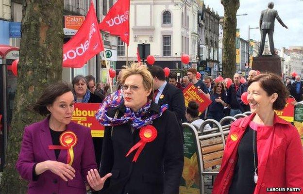 Comedian Eddie Izzard on the campaign trail for Labour in Cardiff