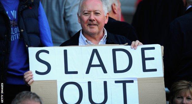 Cardiff City fan protests against manager Russell Slade at the home match against Bolton